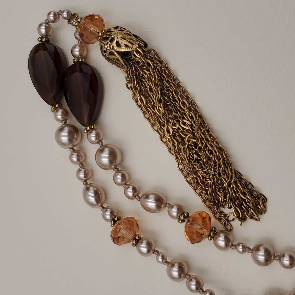Carolee Champagne Pearls & Gold Tassel Pendant Necklace - Picture 5 of 8